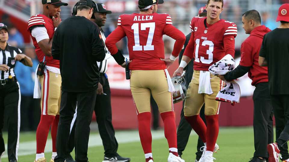 San Francisco 49ers’ quarterbacks Brock Purdy, Brandon Allen and Joshua Dobbs during 32-19 over New York Jets during NFL game at Levi’s Stadium in Santa Clara, Calif., on Monday, September 9, 2024.