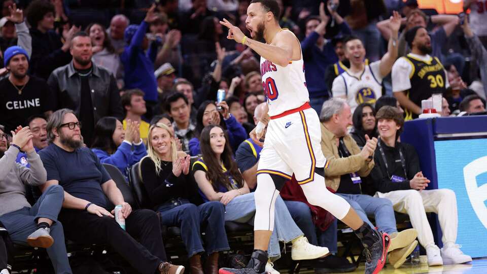 Golden State Warriors’ Stephen Curry reacts to his 8th 3-pointer on 8 attempts against Philadelphia 76ers during NBA game at Chase Center in San Francisco on Thursday, January 2, 2025.