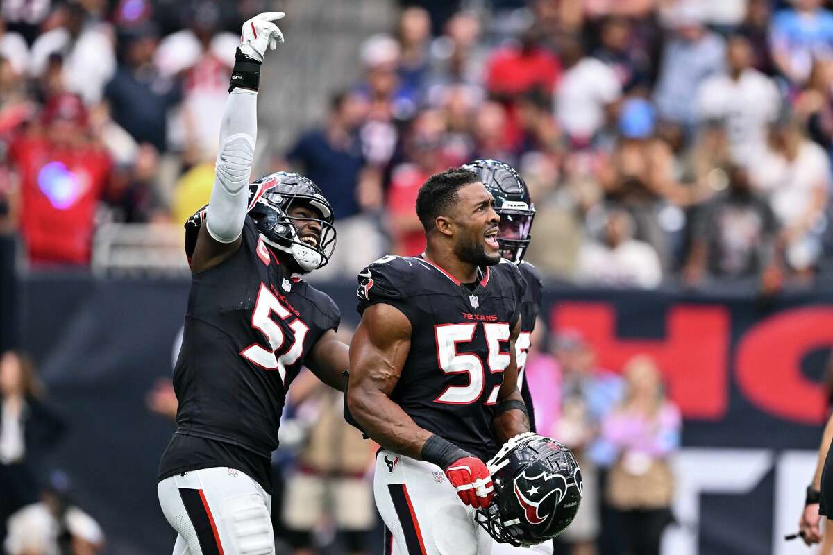 Houston Texans defensive end Danielle Hunter (55) reacts during the second half of an NFL football game against Indianapolis Colts, Sunday, Oct 27, 2024 in Houston. 