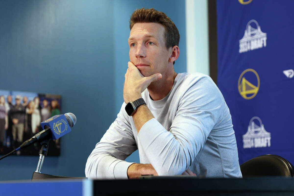 Golden State Warriors' general manager Mike Dunleavy previews the NBA draft during a pass conference at Chase Center in San Francisco on Monday, June 24, 2024.