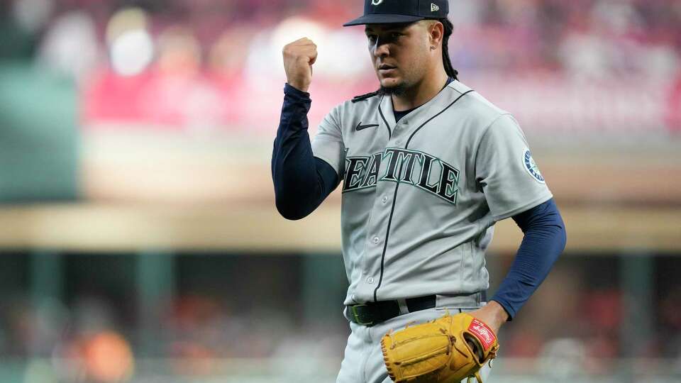 Seattle Mariners starting pitcher Luis Castillo (21) reacts after striking out Houston Astros Jake Meyers to end the fifth inning during Game 2 of the American League Division Series at Minute Maid Park on Thursday, Oct. 13, 2022, in Houston.