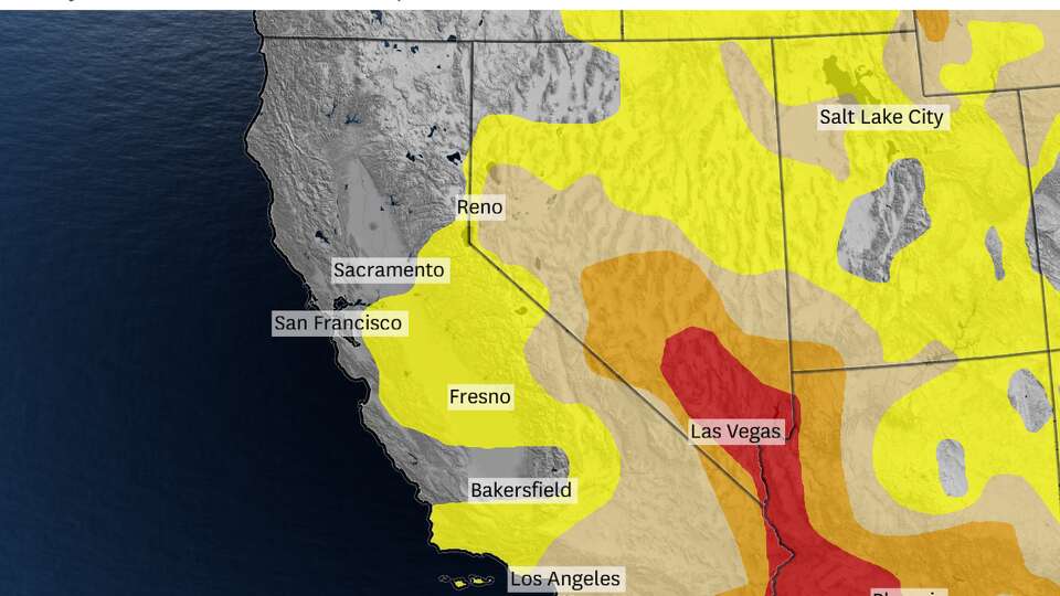 The U.S. Drought Monitor map, based on data through Dec. 31, 2024, shows regions of California facing drought in tan, orange and red.