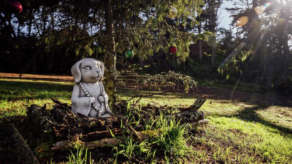 A statue is seen beneath a small decorated tree at Golden Gate Heights Park in San Francisco, Thursday, Jan. 2, 2025.