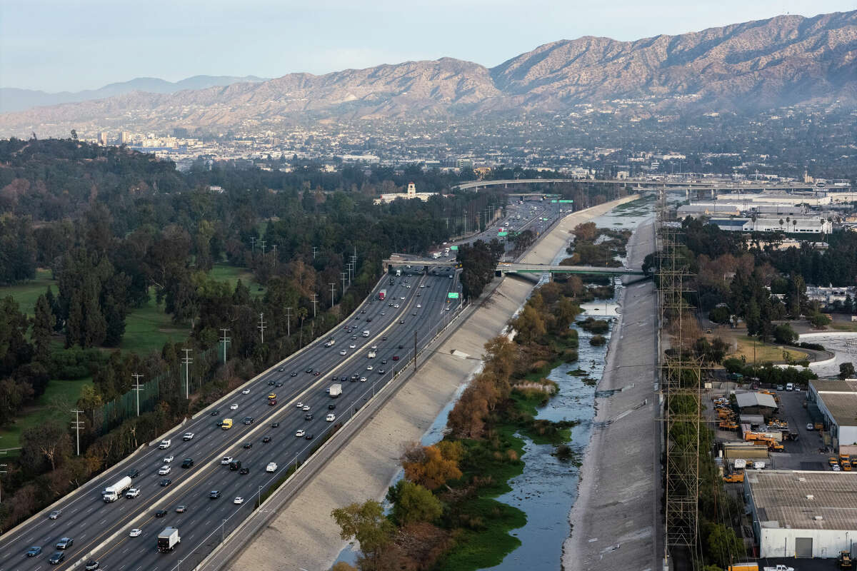 FILE - Water flows in the LA River on Friday, Jan. 3, 2025. 