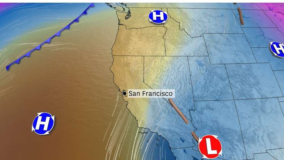 The Bay Area will be wedged in between a high pressure system and low pressure system all week, driving persistent offshore winds and a warm up. 