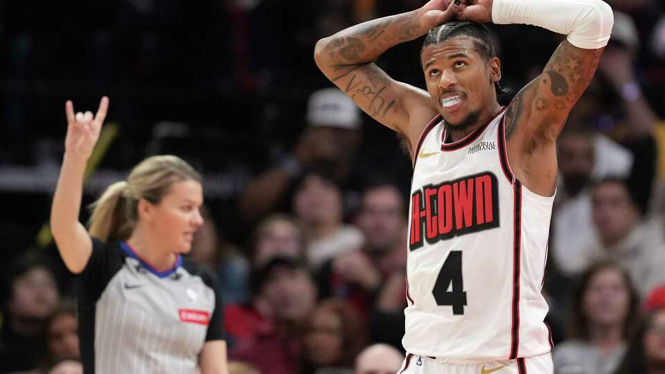 Houston Rockets guard Jalen Green (4) reacts after picking up his fifth foul during the second half of an NBA basketball game, Sunday, Jan. 5, 2025, at Toyota Center.