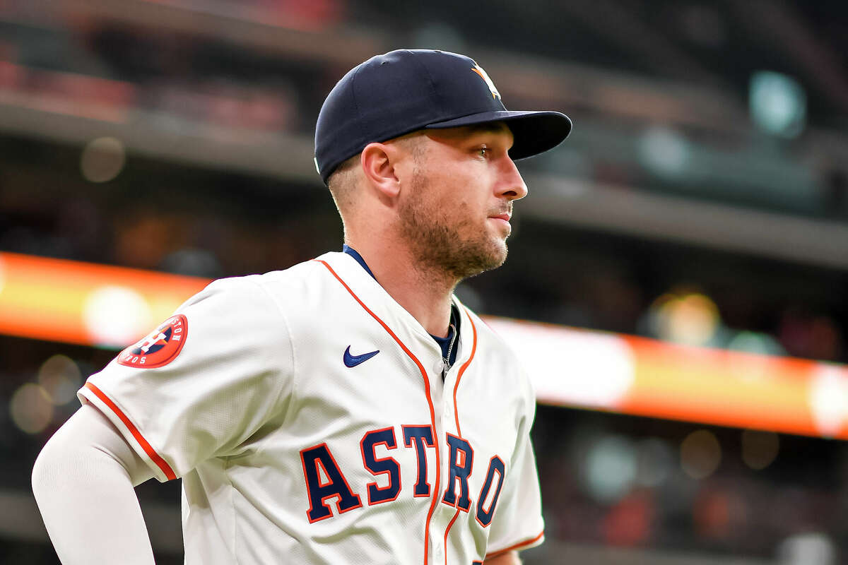 HOUSTON, TEXAS - APRIL 30: Alex Bregman #2 of the Houston Astros runs from the dugout for warmups prior to the game against the Cleveland Guardians at Minute Maid Park on April 30, 2024 in Houston, Texas. (Photo by Logan Riely/Getty Images)