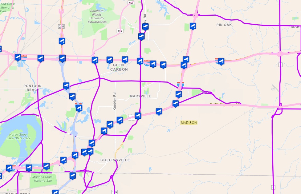 IDOT map Major Madison County IL highways covered by snow