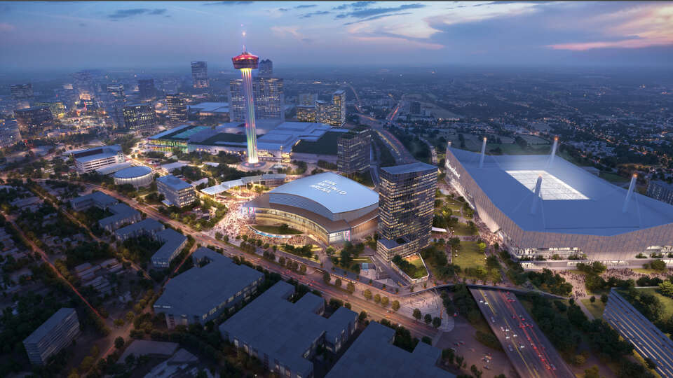 A rendering gives a first look at what a downtown sports and entertainment district could look like. It could involve a new arena for the Spurs, renovated Alamodome, an expanded Henry B. Gonz?lez Convention Center, another Convention Center hotel with a hospitality school for the University of Texas at San Antonio and the John H. Wood Jr. Federal Courthouse refashioned as an event venue as well as mixed-use development and parks between the facilities.