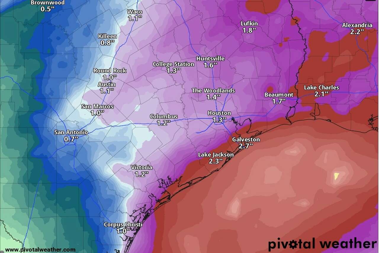 The National Blend of Models, a composite of forecast models used by the National Weather Services, shows estimated rainfall amounts between Monday and noon on Friday this week.