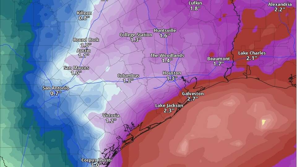 The National Blend of Models, a composite of forecast models used by the National Weather Services, shows estimated rainfall amounts between Monday and noon on Friday this week.