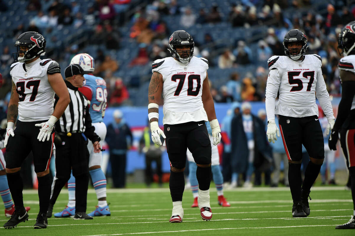 NASHVILLE, TN - JANUARY 5: Houston Texans linemen Cade Stover (87), Juice Scruggs (70) and Blake Fisher (57) line up for a play during game featuring the Houston Texans and the Tennessee Titans on January 5, 2025 at Nissan Stadium in Nashville, TN. (Photo by John Rivera/Icon Sportswire via Getty Images)