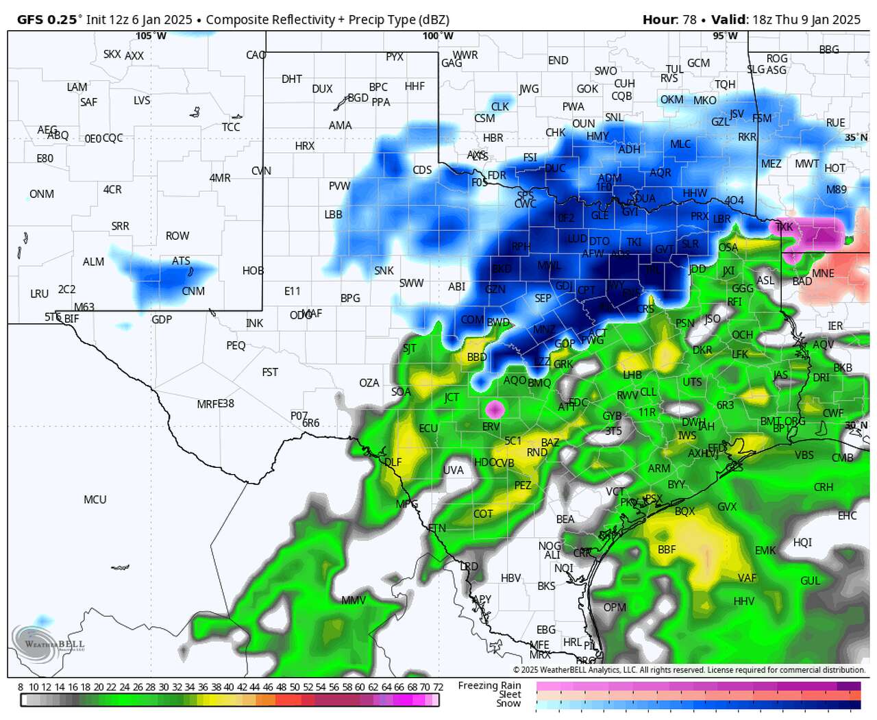 The American GFS model, shown here, depicts a wintry mess several hours north of Houston Thursday afternoon. Snow, heavy at times, will be possible closer to the Dallas-Fort Worth Metroplex.