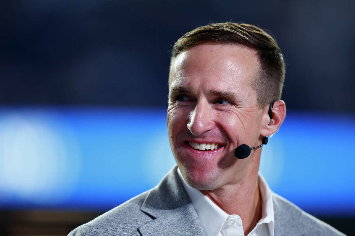 INGLEWOOD, CALIFORNIA - NOVEMBER 11: Former football player and ESPN broadcaster Drew Brees looks on prior to the game between the Miami Dolphins and the Los Angeles Rams at SoFi Stadium on November 11, 2024 in Inglewood, California. (Photo by Ronald Martinez/Getty Images)