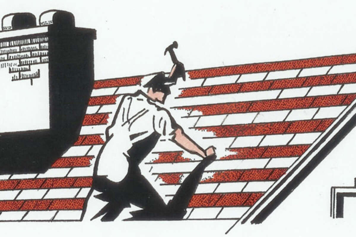 Michael Osbun illustration of worker on house roof made of American flag shingles.