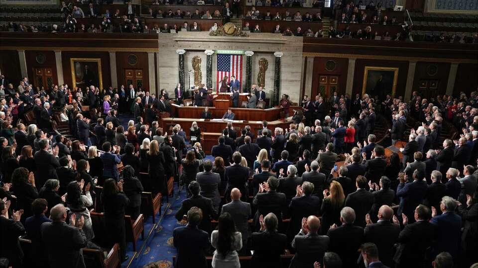 Vice President Kamala Harris shakes hands with House Speaker Mike Johnson of La., after a joint session of Congress confirmed the Electoral College votes, affirming President-elect Donald Trump's victory in the presidential election, Monday, Jan. 6, 2025, at the U.S. Capitol in Washington.