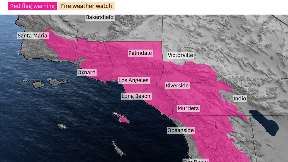 Red flag warnings are in effect for more than 18.6 million Southern Californians amid strong winds and very dry conditions. Wind gusts, up to 100 mph in foothill locations, are forecast to be strongest Tuesday afternoon through Wednesday morning.