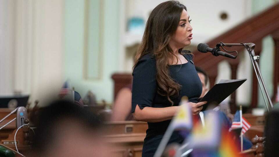 Assembly Member Kate A. Sanchez (R, Orange, Riverside) addresses colleagues while opposing proposed legislative bills during a gathering of the General Session at the State Capitol in Sacramento, California, on Thursday, June 13, 2024. All reviews and budget bills passed with overwhelming majorities.