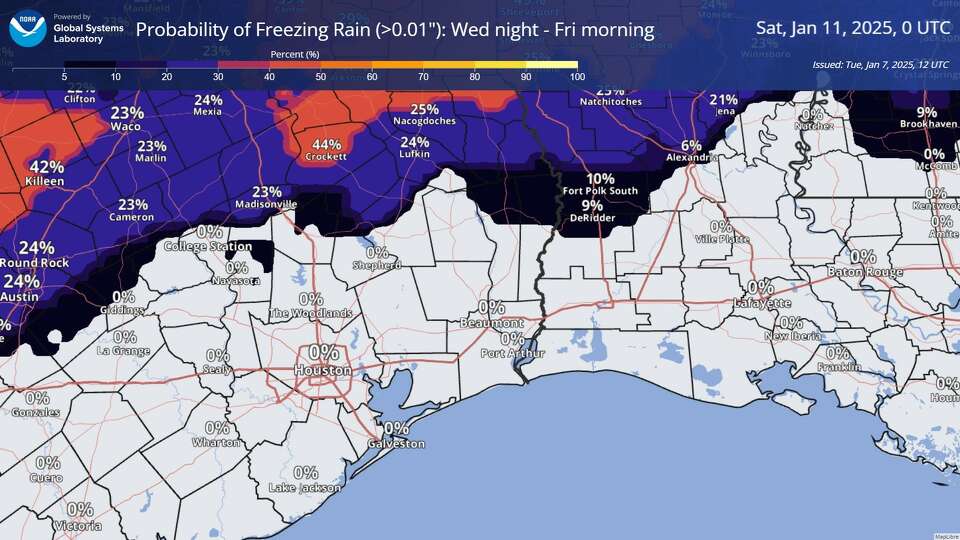 The probability of freezing rain is limited to the northernmost edges of the coverage area overseen by Houston's regional National Weather Service office.