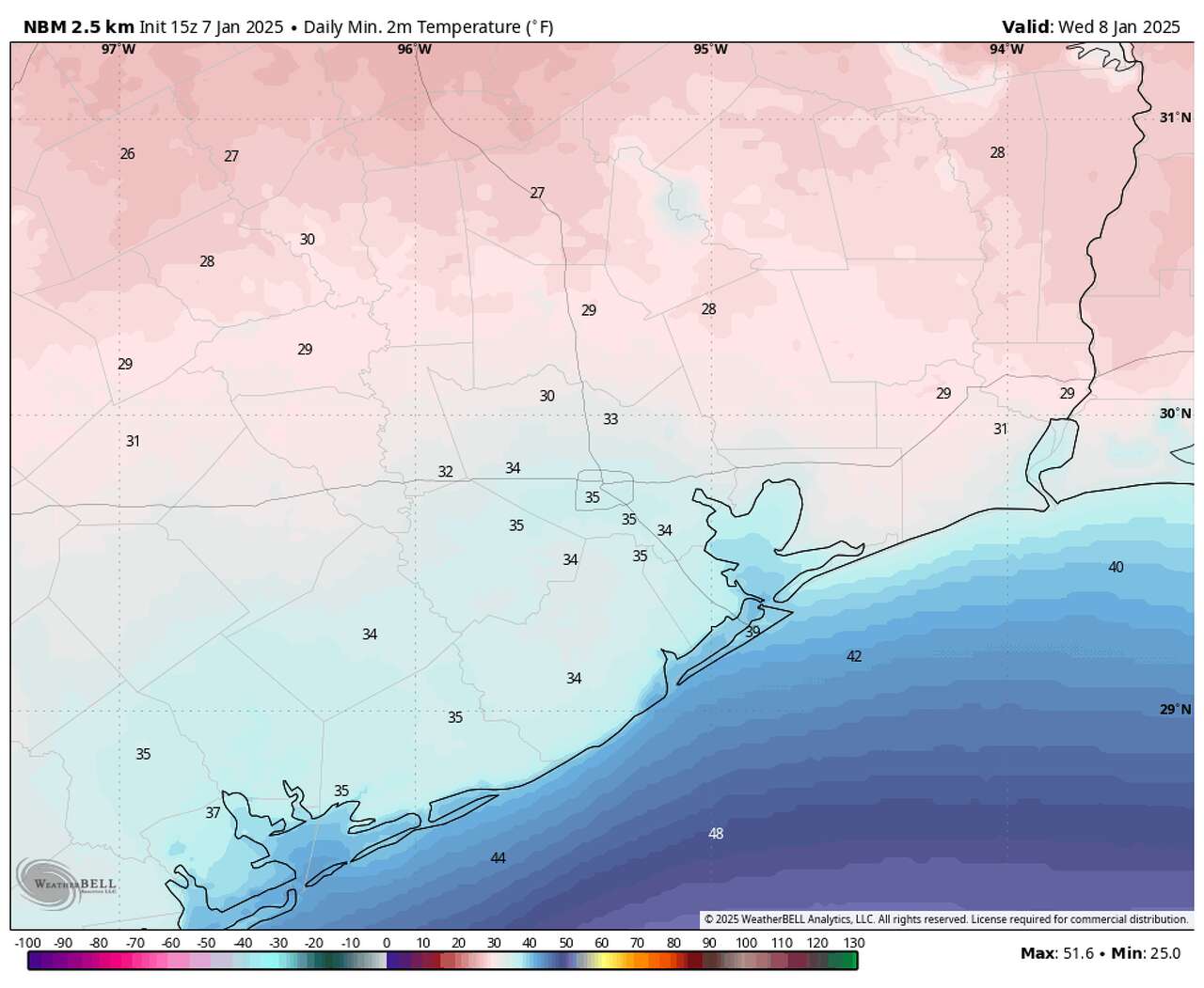 Lows in Greater Houston Wednesday morning, shown here, should be a degree or two above freezing. The National Blend of Models expects areas north and west of Houston to get to 32 degrees or colder.