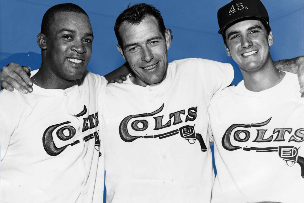 From left, Houston Colt .45s outfielder John Weekly, pitcher Bobby Tiefenauer and third baseman Bob Aspromonte after a game against the Los Angeles Dodgers at Colt Stadium in May 1962.