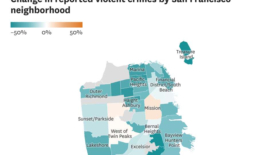 Map of changes in violent crime in SF from 2023 to 2024.