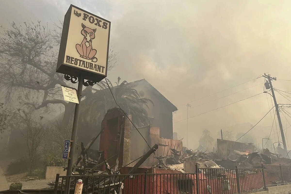 The burned remains of Fox's Restaurant, a diner staple in Altadena since 1955. The Los Angeles area restaurant was destroyed overnight by the Eaton Fire on January 7, 2025.