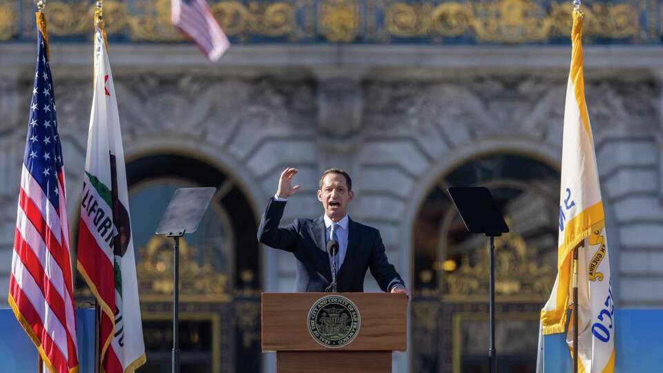 San Francisco Mayor Daniel Lurie addresses the crowd following his inauguration as mayor outside City Hall on Wednesday, Jan. 08, 2025.