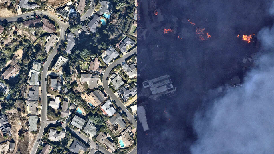 Aerial imagery from NearMap shows a Pacific Palisades neighborhood before the fire on Jan. 1, left, and during the fire on Jan. 7.