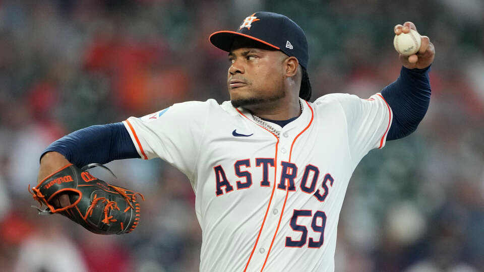 Houston Astros starting pitcher Framber Valdez (59) delivers in the first inning during Game 1 of the American League Wild Card Series at Minute Maid Park, Tuesday, Oct. 1, 2024, in Houston.