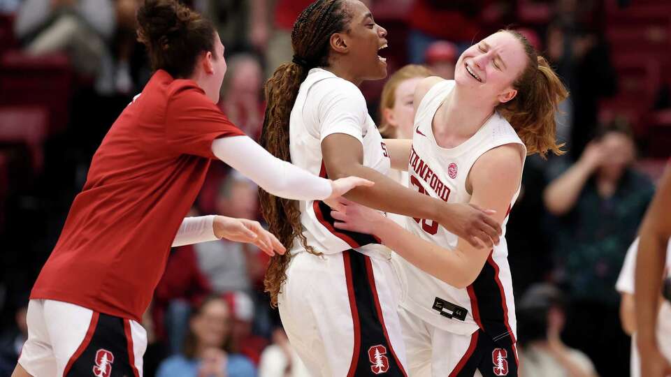 STANFORD, CALIFORNIA - JANUARY 09: Nunu Agara #3 and Elena Bosgana #20 of the Stanford Cardinal react after they beat the Florida State Seminoles at Stanford Maples Pavilion on January 09, 2025 in Stanford, California.