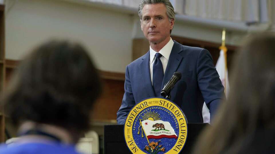 California Gov. Gavin Newsom listens to a reporter's question as he outlines his proposed 2025-2 $322 billion state budget during a news conference at California State University, Stanislaus in Turlock, Calif., Monday, Jan. 6, 2025. (AP Photo/Rich Pedroncelli)