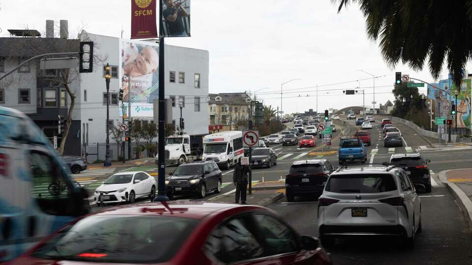 Traffic transits the intersection at Octavia Boulevard and Market Street in San Francisco on Thursday, Feb. 15, 2024. This intersection is San Francisco’s most dangerous, according to traffic collision data.