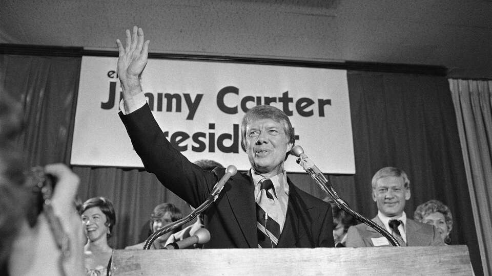 FILE - Georgia Democratic Gov. Jimmy Carter officially announces his candidacy for president in Atlanta on Dec. 12, 1974. (AP Photo/BJ, File)