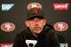 Niners head coach Kyle Shanahan speaks to the media during the end-of-season news conference at Levi’s Stadium on Wednesday.