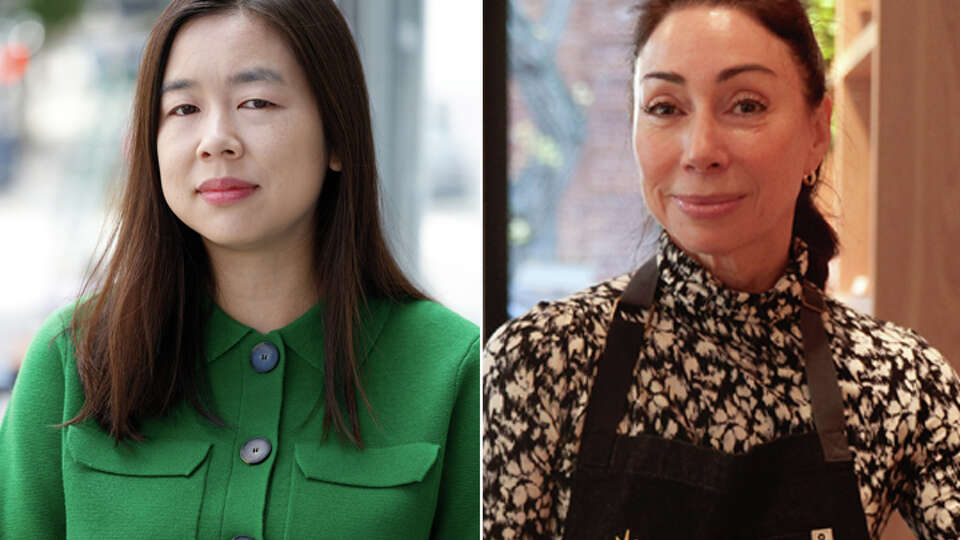 Left: Chandler Tang at her store “post.script.” in San Francisco. Right: Gina Peterson inside her store Postscript cafe and food market, San Francisco.