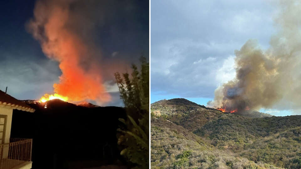 In this composite: (Left) Don Griffin snapped a photo from his backyard of an early morning Jan. 1, 2025 fire in Pacific Palisades that started after reports of fireworks in the neighborhood. Firefighters held that fire to eight acres, but six days later on Jan. 7, 2025 he photographed the start of the deadly Palisades Fire in the same area. Experts said it's possible the first fire rekindled under strong winds.