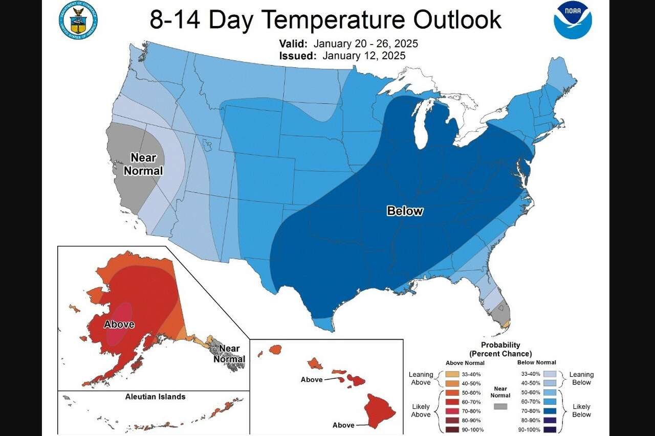 The temperature outlook from the National Weather Service's Climate Prediction Center for the week of Jan. 20-26 includes a 70-80% chance of below-normal temperatures across Texas and the eastern United States.