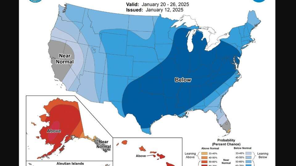 The temperature outlook from the National Weather Service's Climate Prediction Center for the week of Jan. 20-26 includes a 70-80% chance of below-normal temperatures across Texas and the eastern United States.