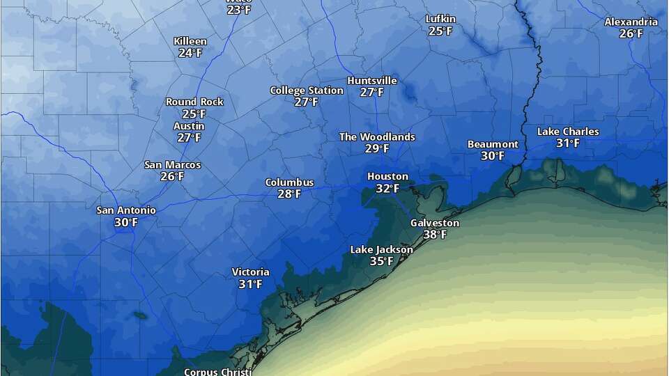 The National Blend of Models, a composite weather forecast model, shows freezing temperatures across much of Southeast Texas at 6 a.m. Monday morning.