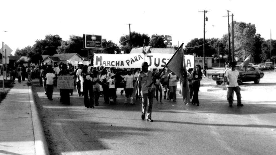 A March for Justice event in San Antonio that shows members of the Brown Berets in the vanguard.