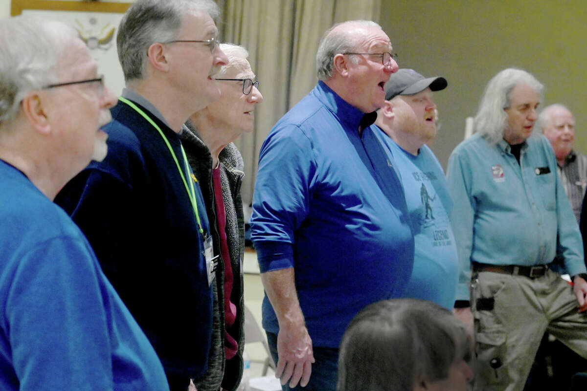 Members of the Silk City Chorus sing during rehearsal for their annual show on Tuesday, January 13, 2025, at the Second Congregational Church in Manchester.