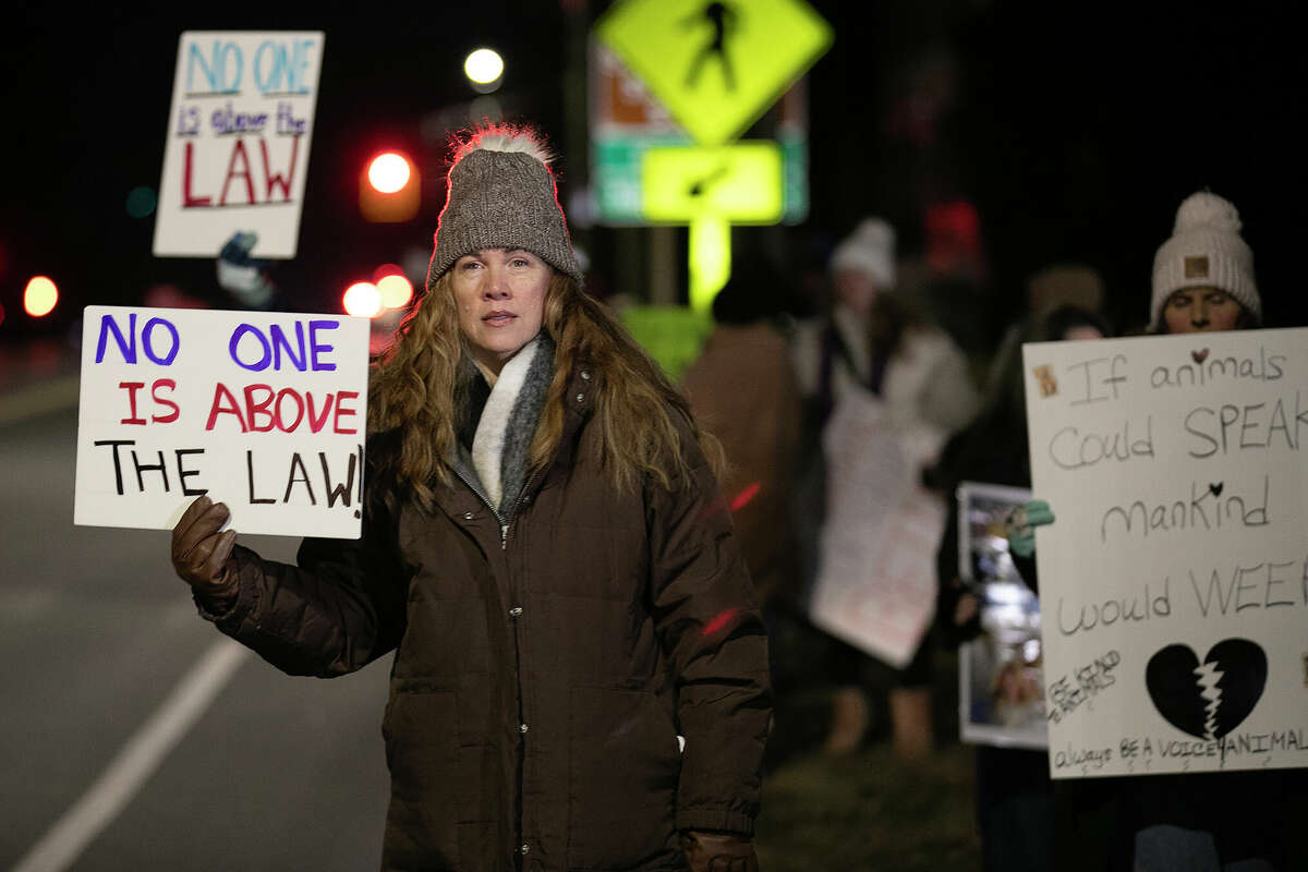 Lori Barnes, of Cheshire, left, protests with other animal advocates outside of Cheshire Town Hall in Cheshire, Conn., Tuesday, January 14, 2025. The protesters rallied for accountability and demanded more of an explanation on how 32 dogs were treated while at the animal shelter for 2 years.