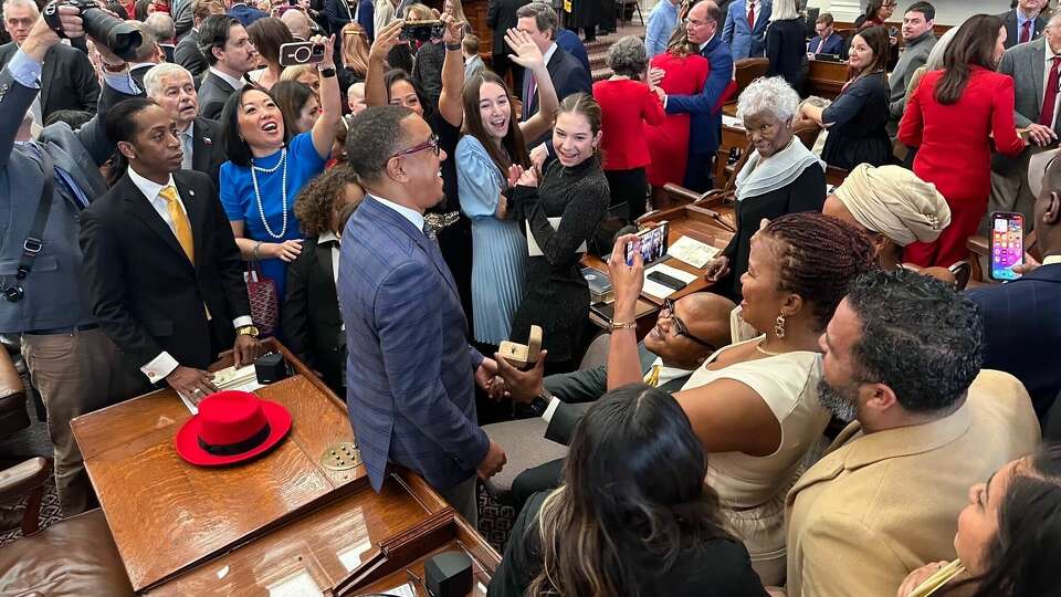 Texas State Rep. Venton Jones proposed to his partner, Gregory Scott Jr., immediately after being sworn in on the opening day of the 89th Legislative Session, Jan. 14, 2025.