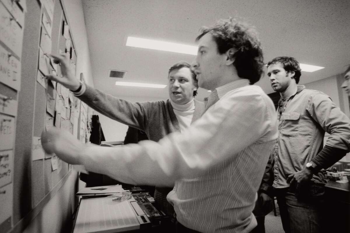 Lorne Michaels with Dave Wilson and Chevy Chase, 1978.