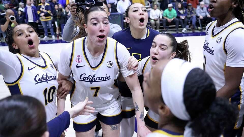 California’s Marta Suarez (7) and teammates celebrate after 78-71 win over NC State during NCAA Women’s basketball game at Haas Pavilion in Berkeley, Calif., on Thursday, January 9, 2025.