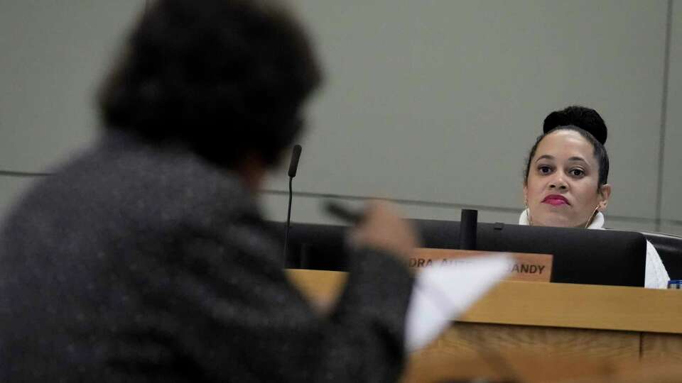 Houston Independent School District Board Member Cassandra Auzenne Bandy listens to the public speak during the monthly school board meeting Thursday, Jan. 16, 2025 at Hattie Mae White Educational Support Center in Houston.