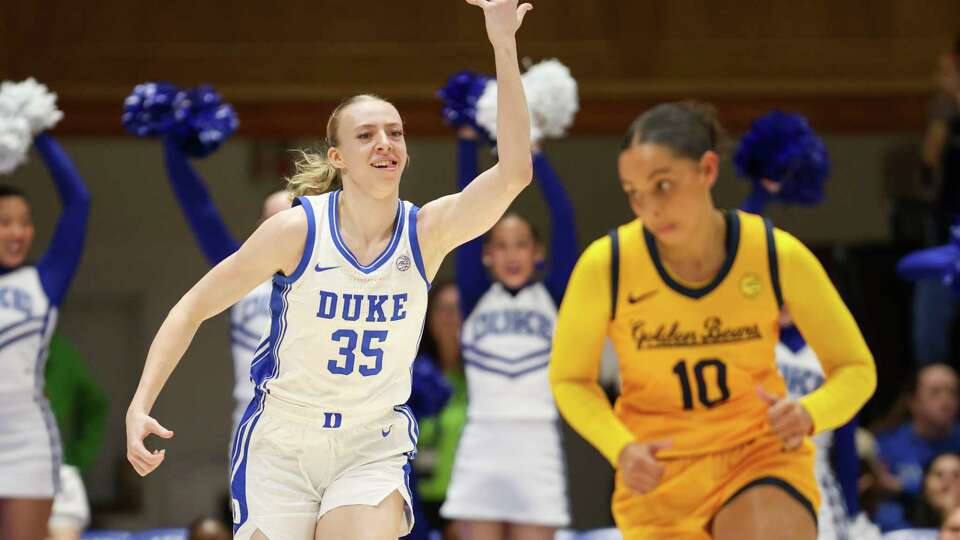 DURHAM, NC - JANUARY 16: Duke Blue Devils forward Toby Fournier (35) celebrates the lay up during the college basketball game between the Duke Blue Devils and the California Golden Bears on January 16, 2025 at Cameron Indoor Stadium in Durham, NC.