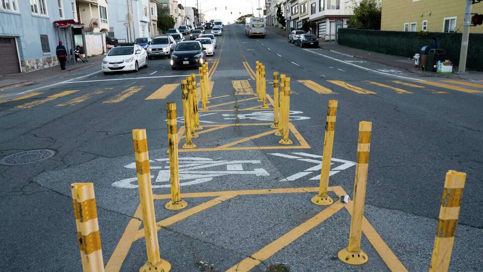 Bike lanes as part of a slow street in San Francisco on Thursday, Jan. 16, 2025. SFMTA is unveiling a new bike and roll plan to stripe vast swaths of the city with inter-connected bike plans, install speed bumps in roadways and redesign intersections.