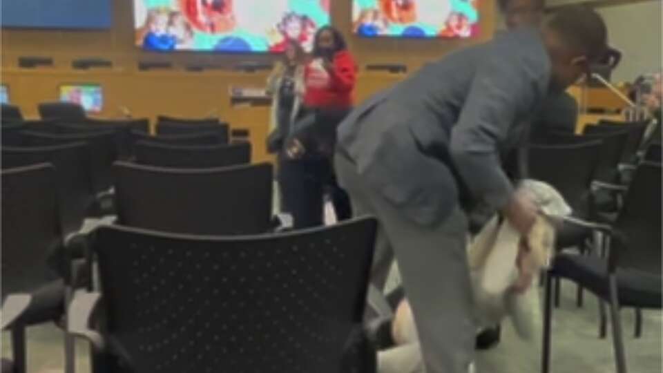 Houston ISD community activist Sarah Terrell was dragged out of her chair and handcuffed after shouting repeatedly before members voted on a motion at HISD’s Board of Managers meeting Thursday, Jan. 16, 2025 at Hattie Mae White Educational Support Center in Houston.